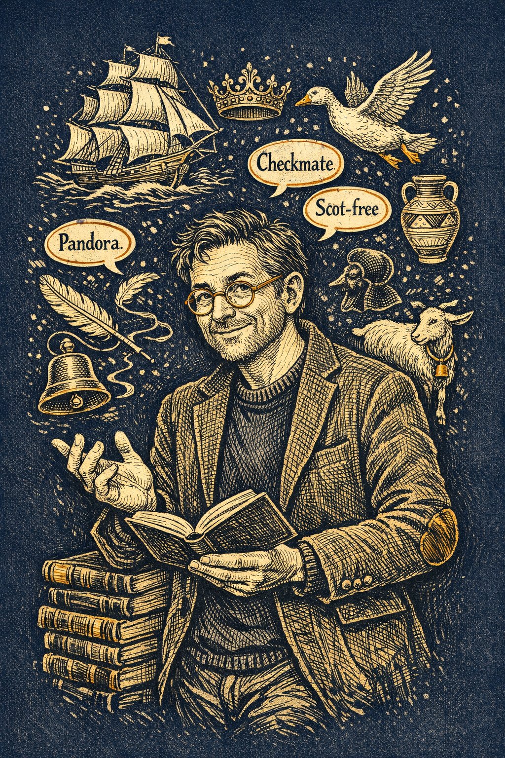 Stylised illustration of Tobyn Ashwell surrounded by phrase-origin icons — ships, crowns, geese, and speech bubbles